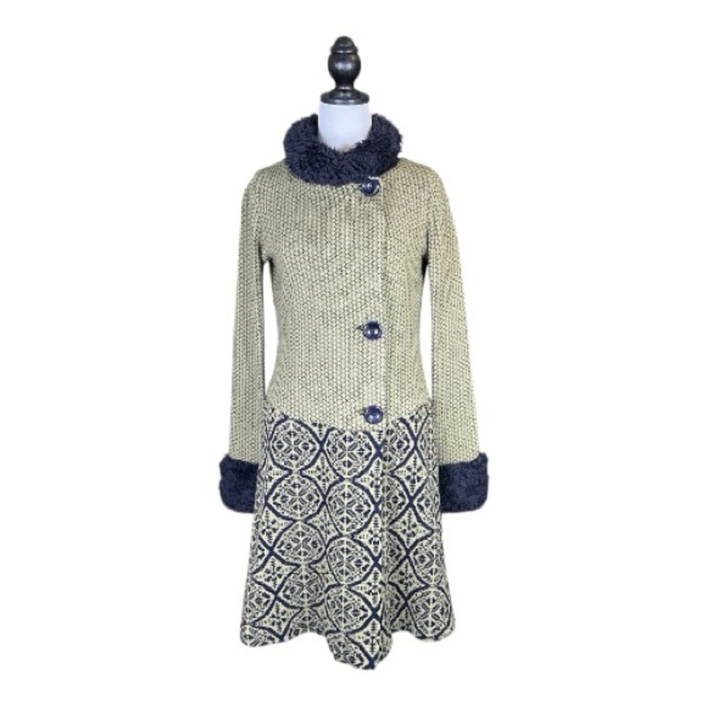 Vintage Betsey Johnson Black & Beige Y2K Faux Fur Trim Knit Sweater Coat Size M - Picture 2 of 12